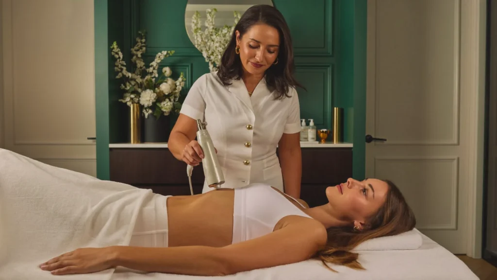 Aesthetician performing a Venus Legacy radiofrequency body contouring treatment on a client at The Whole You Wellness Center in St. Peters, MO